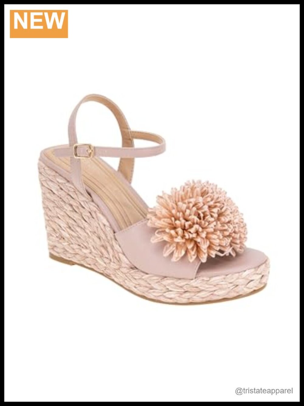 Wedge Sandal with Pom-Pom Detail and Buckle Closure
